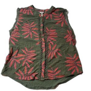 A New Day Womens Olive Blouse with Bright Leaf Pattern Size Large